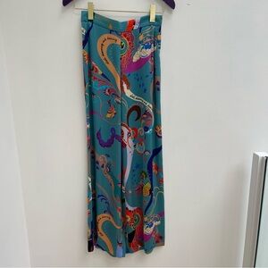 ETRO turquoise satin silk wide leg pants with colourful patterns size 38 XS